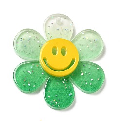 Medium Sea Green Gradient Color Transparent Acrylic Pendants, with Sequins, Sunflower with Smiling Face Charm, Medium Sea Green, 30x27x4mm, Hole: 1.6mm