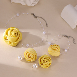 Желтый Комплект из ожерелья с подвеской из розовой ткани и пластиковых жемчужных бусин, сережек-гвоздиков и браслетов с подвесками, платина, желтые, 360 мм