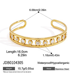 Flat Round 304 Stainless Steel Pave Clear Cubic Zirconia Hollow Open Cuff Bangles for Women, Real 18K Gold Plated, Flat Round, Inner Diameter: 2.40 inch(6.09cm)
