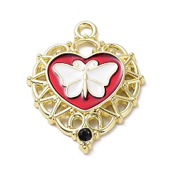 Doré  Pendentifs en émail , avec strass, coeur avec breloque papillon, or, 33.5x26x3mm, Trou: 2.8mm
