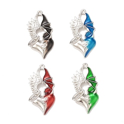 Mixed Color Rack Plating Alloy Enamel Pendants, Heart with Wing Charm, Platinum, Mixed Color, 40x20x4mm, Hole: 1.8mm