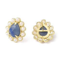 Blue Aventurine Ion Plating(IP) Dyed & Heated Natural Blue Aventurine Teardrop Stud Earrings with Plastic Pearl Beaded, Real 14K Gold Plated Brass Jewelry, 17.5x16mm