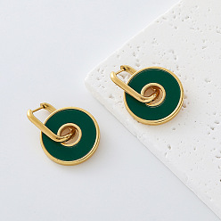 Green 304 Stainless Steel Enamel Hoop Dangle Earrings for Women, Round, Golden, Green, 30x22mm