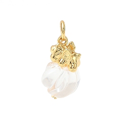 Golden Natural Quartz Crystal Pendants, Rock Crystal Flower Charms with Brass Findings, Golden, 18x10mm, Hole: 3.5mm