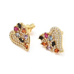 Colorful Cubic Zirconia Heart Stud Earrings, Golden Brass Jewelry for Women, Colorful, 14x13mm, Pin: 0.6mm
