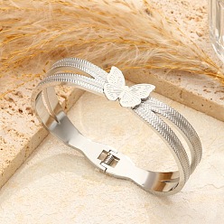 Stainless Steel Color 304 Stainless Steel Hinged Bangles for Women, Butterfly, Stainless Steel Color, Inner Diameter: 1.89 x2.36 inch(4.8x6cm)