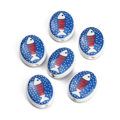 Prussian Blue Printed Handmade Porcelain Beads, Oval with Fish, Prussian Blue, 21x17~17.5x7.5mm, Hole: 2.5~3mm