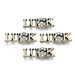 Antique Golden Tibetan Style Alloy Cabochons, with Rhinestone, Word Luck, Antique Golden, 5.5x18x2mm