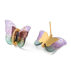 Mixed Color Film Butterfly Stud Earrings with Cubic Zirconia, Real 18K Gold Plated Brass Earrings, Lead Free & Cadmium Free, Mixed Color, 17x22~23mm