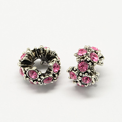 Фуксиновый Европейские бусины, сплав, стразы , цветочные большое отверстие бусы, античное серебро, красно-фиолетовые, 12x8 мм, отверстие : 5 мм