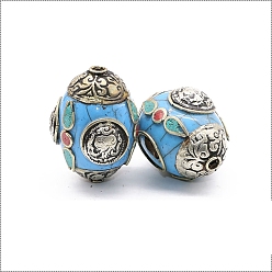 Light Sky Blue Brass with Handmade Indonesia Beads, Oval, Light Sky Blue, 33x25mm