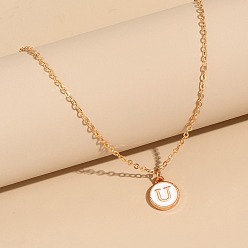 Letter U Сплав белого эмалевого диска с инициалами подвески ожерелья для женщин, золотые, Буква U, 17.72 дюйм (45 см)