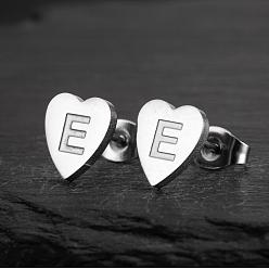 Letter E Сердце 201 нержавеющей стали серьги, цвет нержавеющей стали, Письмо E, 10x10 мм