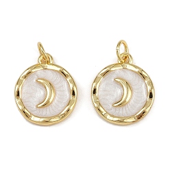 Белый Дым Латунные подвески, с эмалью и кольцом для прыжков, плоская круглая с лунным шармом, стойки покрытие, долговечный, без кадмия и без свинца, реальный 18 k позолоченный, серый, 16x14x2 мм, отверстие : 3 мм