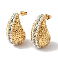 Золотой Каплевидное ионное покрытие (ip) 304 серьги-гвоздики из нержавеющей стали для женщин, С пластиковой жемчужиной и горным хрусталем, белые, золотые, 27x16 мм