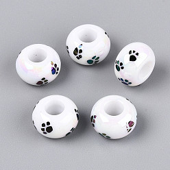 Белый УФ-покрытие, напечатанные непрозрачные акриловые европейские бусины, рондель с узором в виде следа, большое отверстие шарик, белые, 13.5~14x8.5~9 мм, отверстие : 5.8 мм