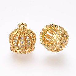 Золотой Латунные микро проложить кубического циркония бусы, кисточка крышка под залог, корона, полый, золотые, 8.5x9 мм, отверстие : 0.5 мм