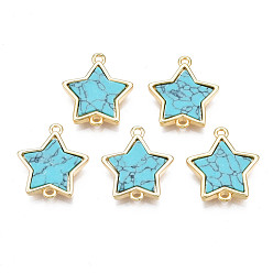 Dark Turquoise Brass Connector Charms, with Synthetic Turquoise, Cadmium Free & Nickel Free & Lead Free, Real 18K Gold Plated, Star, Dark Turquoise, 17x15.5x3mm, Hole: 1.2mm