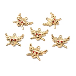 Golden Halloween Alloy Pendants, with Ruby Rhinestones, Pirate, Golden, 23.5x30x4.5mm, Hole: 2.5mm