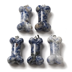 Jaspe Avec Point Bleu Pendentifs de jaspe tache bleue naturelle, Breloques en os de chien avec fermoir en fer platine, 36~37x19.5~21x11~12.5mm, Trou: 7x4mm