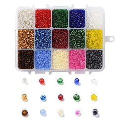 Gemischte Farbe 375g 15 Farben Glas Rocailles, transparenten Farben, Runde, Gemischte Farbe, 8/0, 3~4x2~3 mm, Bohrung: 0.8~1 mm, 25 g / Farbe
