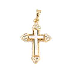 Настоящее золото 18K Латунные микропаве прозрачные подвески с фианитом, с оболочкой, крест прелести, долговечный, стойки покрытие, без свинца и без кадмия, реальный 18 k позолоченный, 26.5x17.5x3 мм, отверстие : 5x3.3 мм