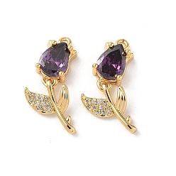 Фиолетовый Латунные микро проложить кубического циркония подвески, цветочный шарм, реальный 18 k позолоченный, без никеля , фиолетовые, 23x9x5 мм, отверстие : 1.2 мм