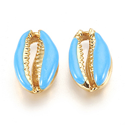 Deep Sky Blue Alloy Beads, with Enamel, Shell, Real 18K Gold Plated, Deep Sky Blue, 19~20x12~12.5x6mm