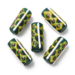 Зеленый Эмалевые бусины ручной работы в технике лэмпворк, бусины ручной работы, колонка с ромбами, зелёные, 29.5~30.5x13.5~16 мм, отверстие : 3 мм