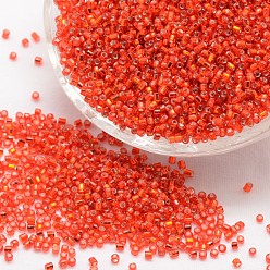 Красный 12/0 круглые бусины из стекла семян, серебряная линия квадратное отверстие, прозрачные цвета, красные, 1.8~2.0 мм, отверстия : 0.8 mm, около 28000 шт / фунт