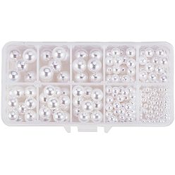 Blanc Perles en imitation plastique, demi-percés perles, ronde, blanc, 13.5x7x3 cm, 4~12 mm, Trou: 0.7~1.6mm, 220 pièces / kit