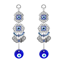 Античное Серебро 2шт. плоская круглая стеклянная турецкая синяя подвеска от сглаза украшение, с подвеской в виде цветка из сплава, украшение для домашнего настенного амулета, античное серебро, 231 мм