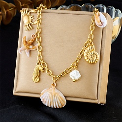 Золотой 304 Женские подвески-нагрудники из нержавеющей стали и натуральных ракушек каури, цвет морской раковины, золотые, 16.18 дюйм (41.1 см)