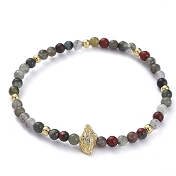 Indian Agate Stretch Bracelets, with Natural Indian Agate Beads, Brass Round Beads, Brass Micro Pave Grade AAA Cubic Zirconia Beads and Elastic Crystal Thread, Conch Shell Shape, with Cardboard Box, 2-3/8 inch(6cm)