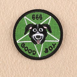 Green Computerized Embroidery Cloth Iron on/Sew on Puppy Patches, Costume Accessories, Appliques, Flat Round with Dog Head, Word Good Boy, Green, 7.2x7cm