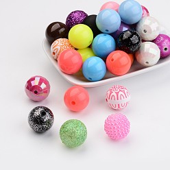 Mixed Color Mixed Style Acrylic Beads, Round, Mixed Color, 19~20mm, Hole: 1~3mm
