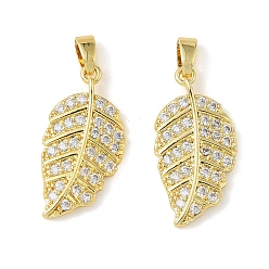 Настоящее золото 18K Латунные микропаве прозрачные кубические циркониевые подвески, лист прелести, долговечный, реальный 18 k позолоченный, 23x11.5x2.5 мм, отверстие : 4x2.5 мм
