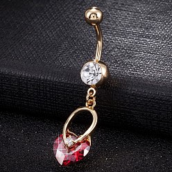 Rot Piercing-Schmuck, umweltfreundlicher Nabelring aus Zirkonoxid aus Messing, Bauchringe, mit 304 Edelstahlleiste, echt 18 k vergoldet, Herz, rot, 47x10 mm, Stangenlänge: 3/8"(10mm), Stange: 14 Spurweite(1.6mm)