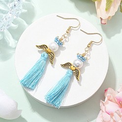 Светло-Голубой Ангел 304 серьги-подвески из нержавеющей стали, с бисером, полиэстеровой кисточкой и стеклянными жемчужными круглыми бусинами, античное золото , Небесно-голубой, 70~74x22 мм