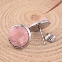 Mixed Color Flat Round 304 Stainless Steel Druzy Resin Ear Studs, Mixed Color, 14x7mm, Pin: 0.7mm