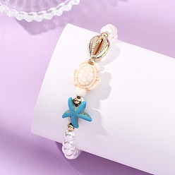 (52) Непрозрачная лаванда Браслеты из окрашенной синтетической бирюзы, перламутра и сплавных бусин, плетеные браслеты для женщин., морская звезда, форма раковины и морская черепаха, разноцветные, внутренний диаметр: 1.97 ~3.58 дюйм (5~9.1 см)