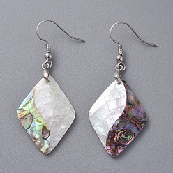Platinum White Shell & Abalone Shell/Paua Shell Dangle Earrings, with Brass Ice Pick Pinch Bails and Earring Hooks, Rhombus, Platinum, 52mm, Pin: 0.7mm