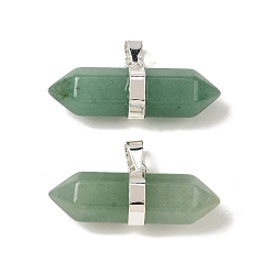 Зеленый Авантюрин Натуральные зеленые авантюриновые двойные заостренные подвески, граненые брелоки в форме пули с латунными застежками на дужках, стойки покрытие, серебряные, 12.5x32~32.5x9.5 мм, отверстие : 6x4.5 мм