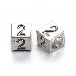 Number Сплавочные европейские бусины, бусины с большим отверстием, куб с номером, античное серебро, кол. 2, 7x7x7 мм, отверстие : 5 мм