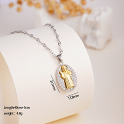 Золотой & Цвет Нержавеющей Стали Двухцветные латунные ожерелья с микропаве из прозрачных кубических цирконий, овальный кулон с изображением святого Бенедикта и цепочками из нержавеющей стали для женщин., золотые и нержавеющая сталь цвет, 304 дюйм (15.75 см)