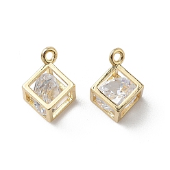 Claro Micro latón allanan colgantes cúbicos del zirconia, larga duración plateado, encanto del cubo, real 18 k chapado en oro, Claro, 13x10x7 mm, agujero: 1.5 mm