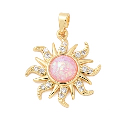 Pink Латунные микро проложить кубического циркония подвески, без кадмия и без свинца, cmолой, солнечные чары, реальный 18 k позолоченный, розовые, 24.5x22.5x6 мм, отверстие : 5x3 мм