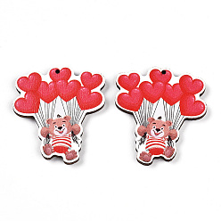 Медведь Печатные подвески дерева, день Святого Валентина в стиле, медведь, 37~37.5x34x3 мм, отверстие : 1.6 мм
