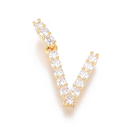 Letter V Позолоченная латунь с микропаве из прозрачного кубического циркония, долговечный, буквы, letter.v, 23x17x3.5 мм, отверстие : 7.5x3 мм