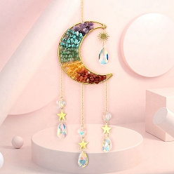 Смешанные камни Украшения из медной проволоки, крошки драгоценных камней и металлические подвески в виде луны, подвесные ловцы солнца, со стеклянной подвеской-каплейкой, 50~55x11 см